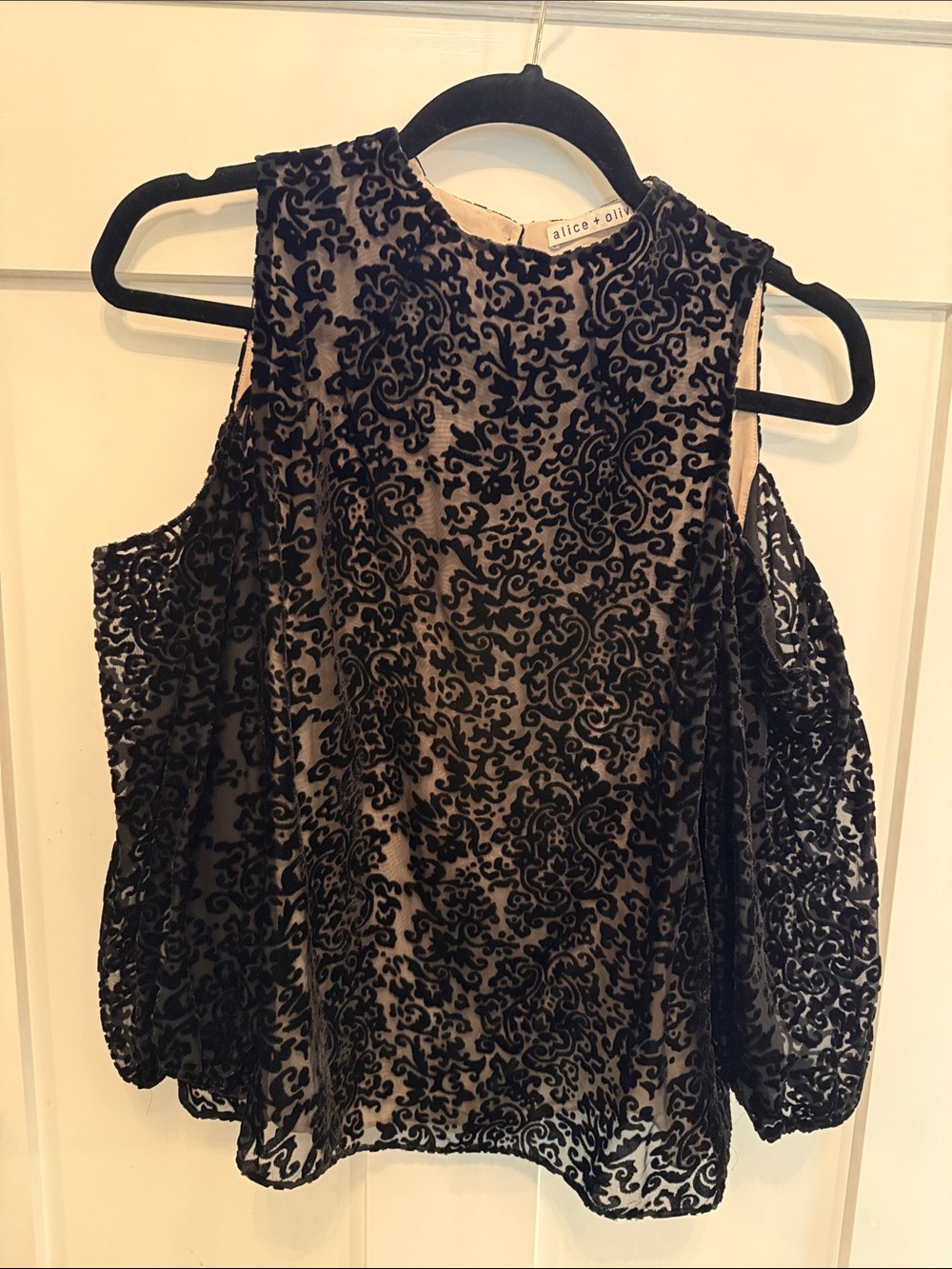 Alice + Olivia Black Velvet Burnout Cold-Shoulder Blouse